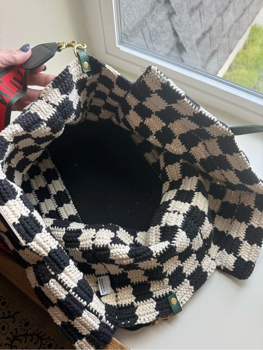 Clare V. Woven Checkerboard Tote with Red Logo Strap and Green Handles